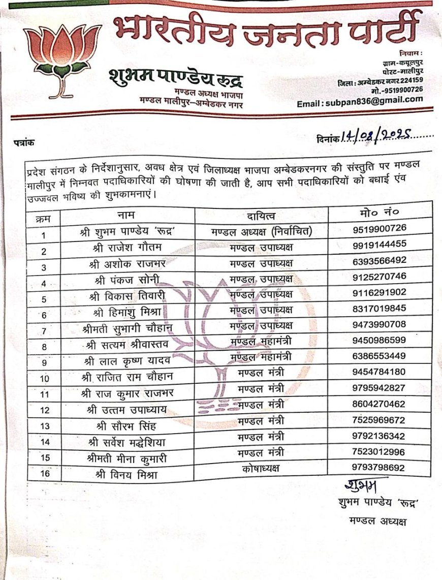 अंबेडकर नगर : समाजसेवी सत्यम श्रीवास्तव बने मालीपुर मण्डल महामंत्री