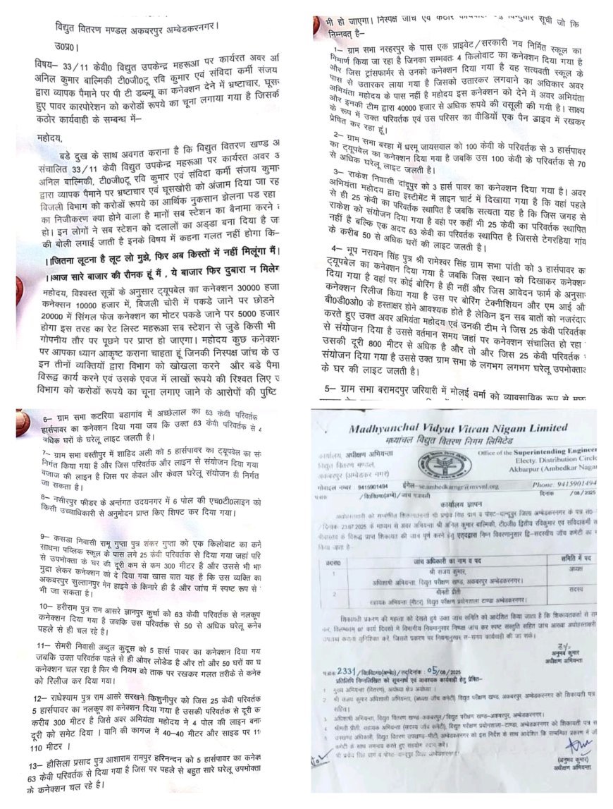 अम्बेडकर नगर : तीन भ्रष्ट बिजलीकर्मियों पर शिकंजा, सात दिन में रिपोर्ट का आदेश, मगर कार्रवाई पर उठे सवाल
