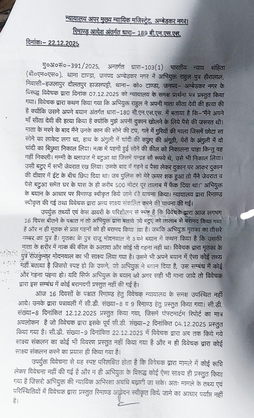अम्बेडकर नगर : सीता देवी हत्याकांड में पुलिस विवेचना पर उठे गंभीर सवाल, न्यायालय ने रिमाण्ड से किया इनकार