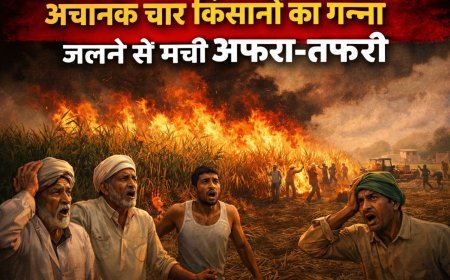 पीलीभीत:अचानक चार किसानों का गन्ना जलने से मची अफरा-तफरी