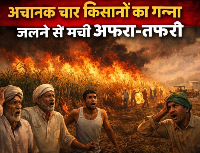 पीलीभीत:अचानक चार किसानों का गन्ना जलने से मची अफरा-तफरी