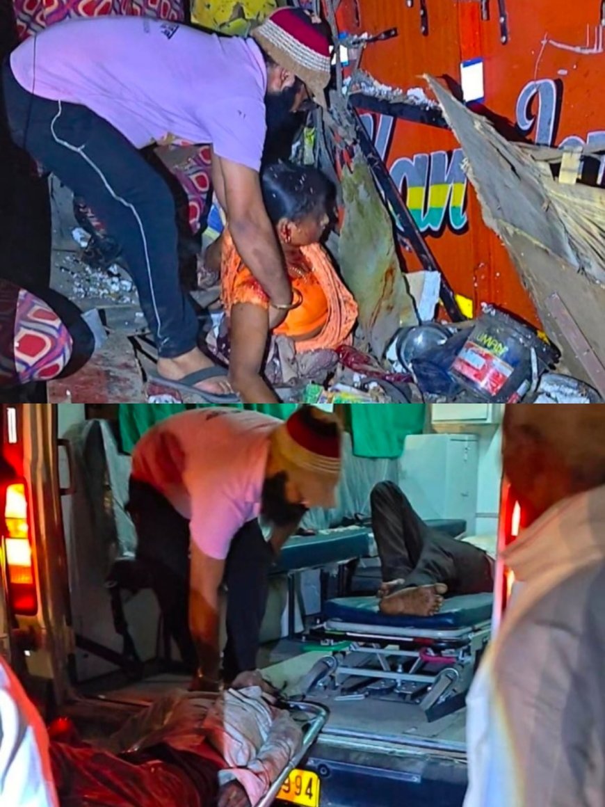 हाइवे पर बड़ा सड़क हादसा: डबल डेकर बस ट्रक में घुसी, 25–30 घायल; बचाव में जुटी सेवा का जुनून टीम और ग्रामीण, सिपाही की अभद्रता पर उठे सवाल