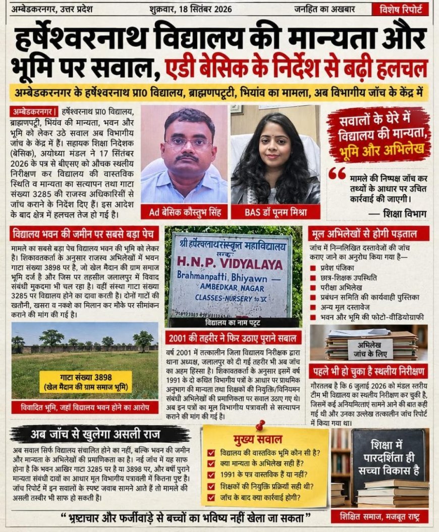 ‘मान्यता’ का पेच, ‘गाटा’ का खेल! हर्षेश्वरनाथ विद्यालय पर एडी बेसिक की नजर, अब कागज नहीं.....जमीन भी देगी जवाब
