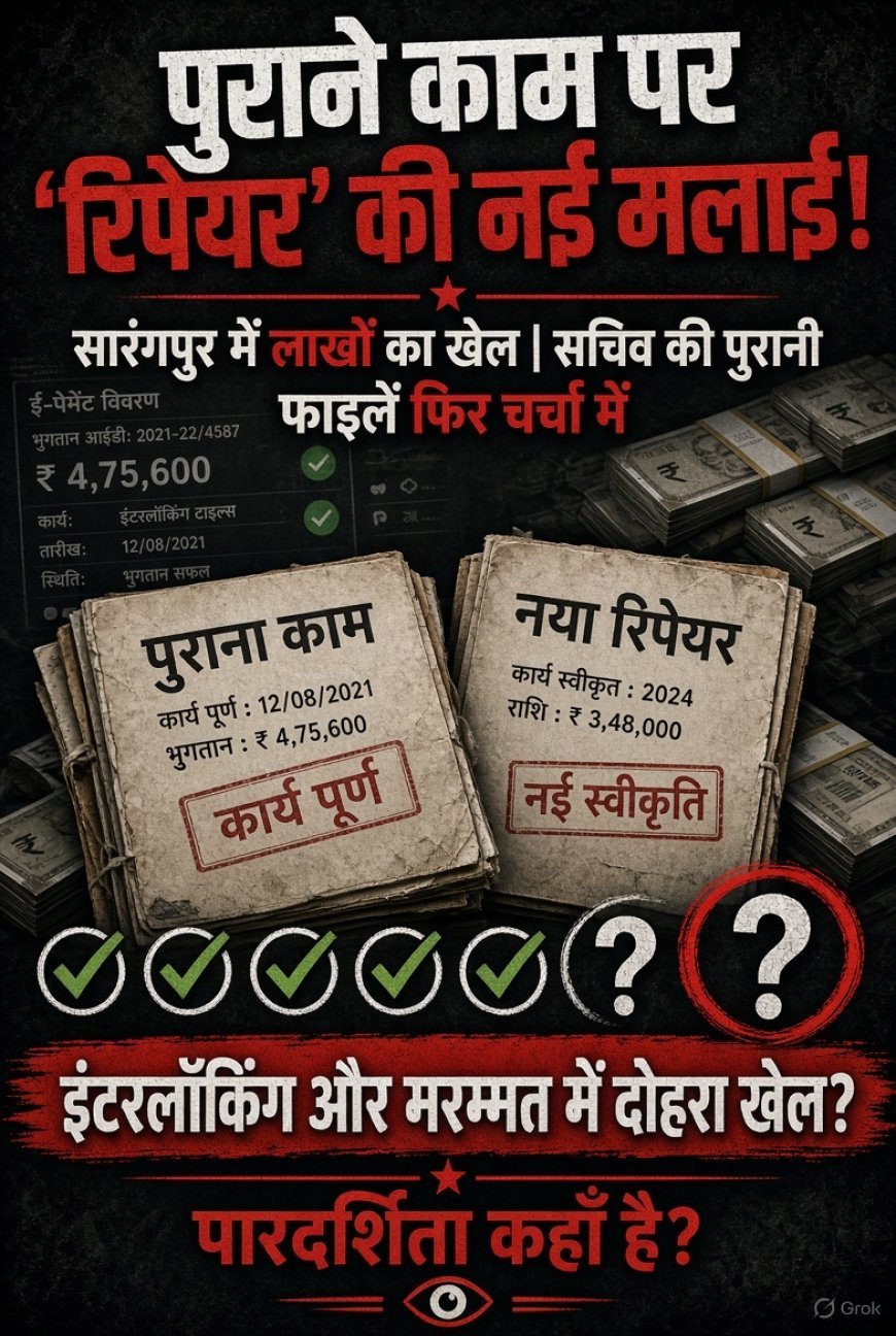 पुराने काम पर ‘रिपेयर’ की नई मलाई! सारंगपुर में लाखों के खेल का आरोप, सचिव की पुरानी फाइलें फिर चर्चा में